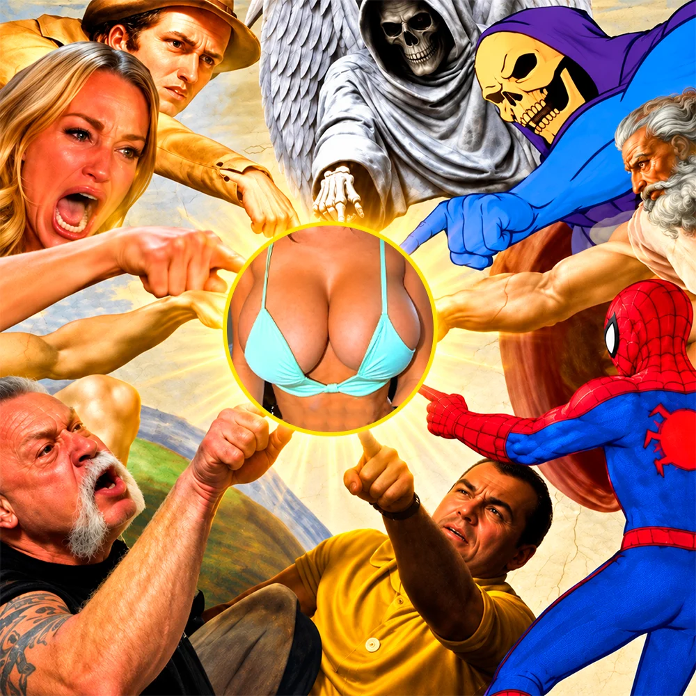 Heroes, villains, gods and legends all pointing at the same view in the middle